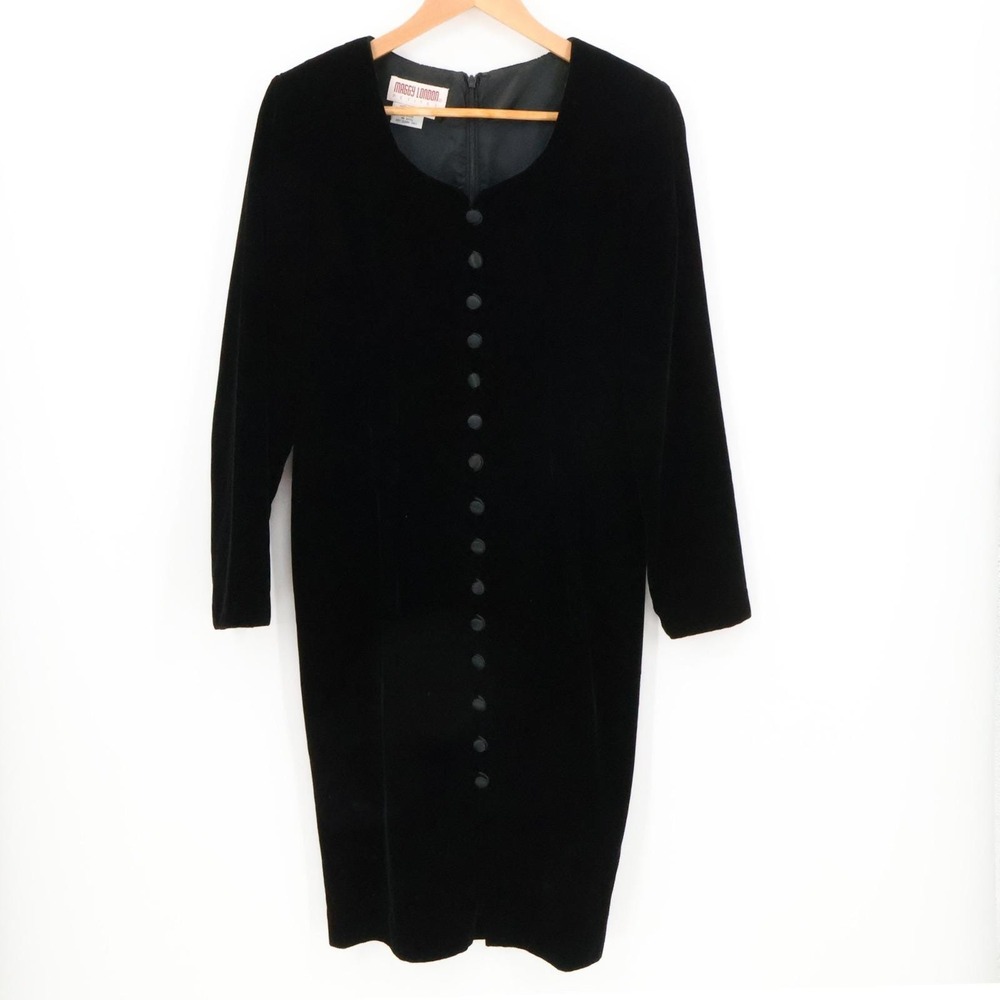 Vtg 90s Maggy London Velvet Black Button Front Midi‎ Dress Emo Elegant Size 8P
